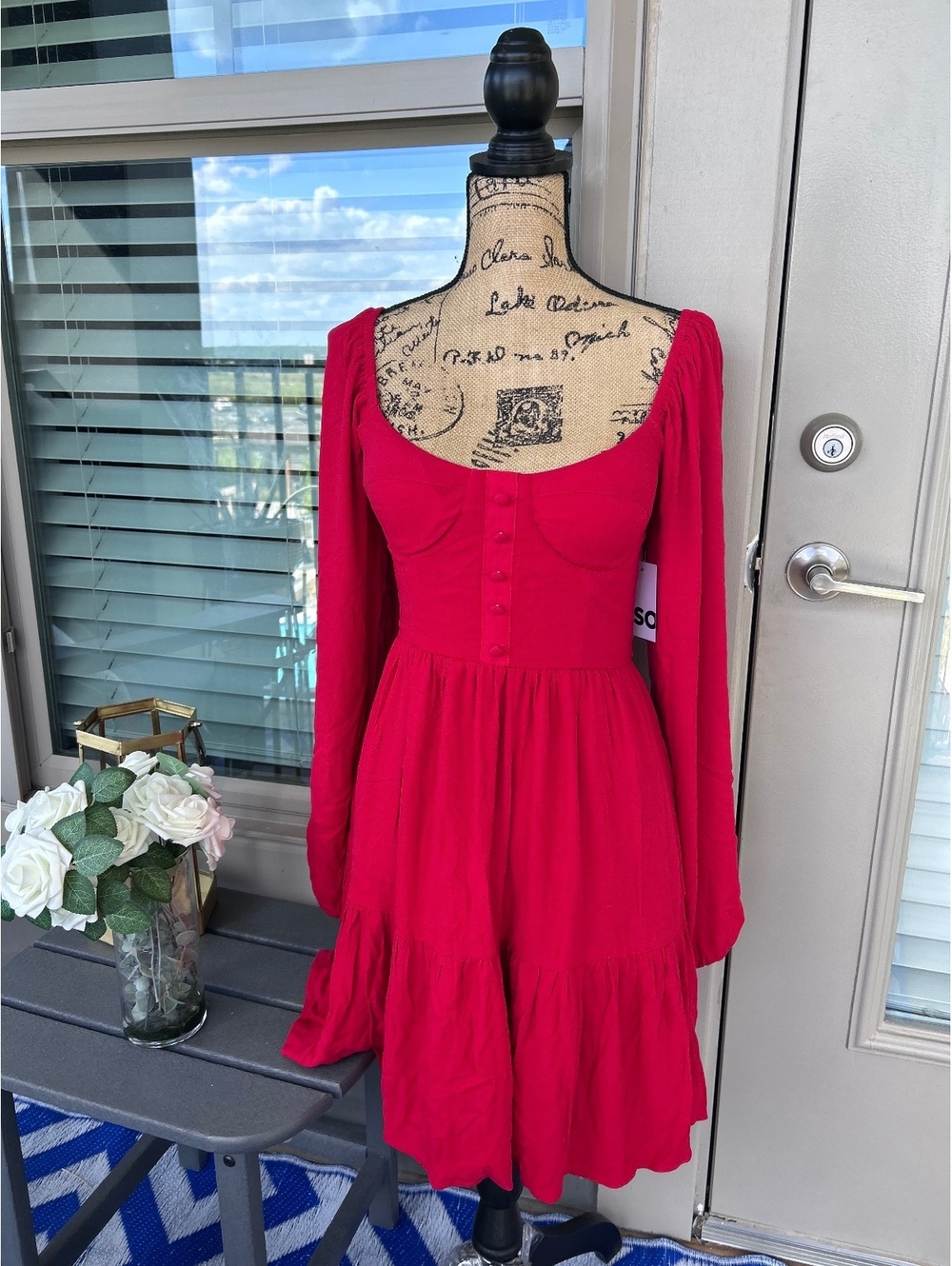 SO Red Smocked Long Sleeve Midi Dress Women's Size Medium NWT Flaw